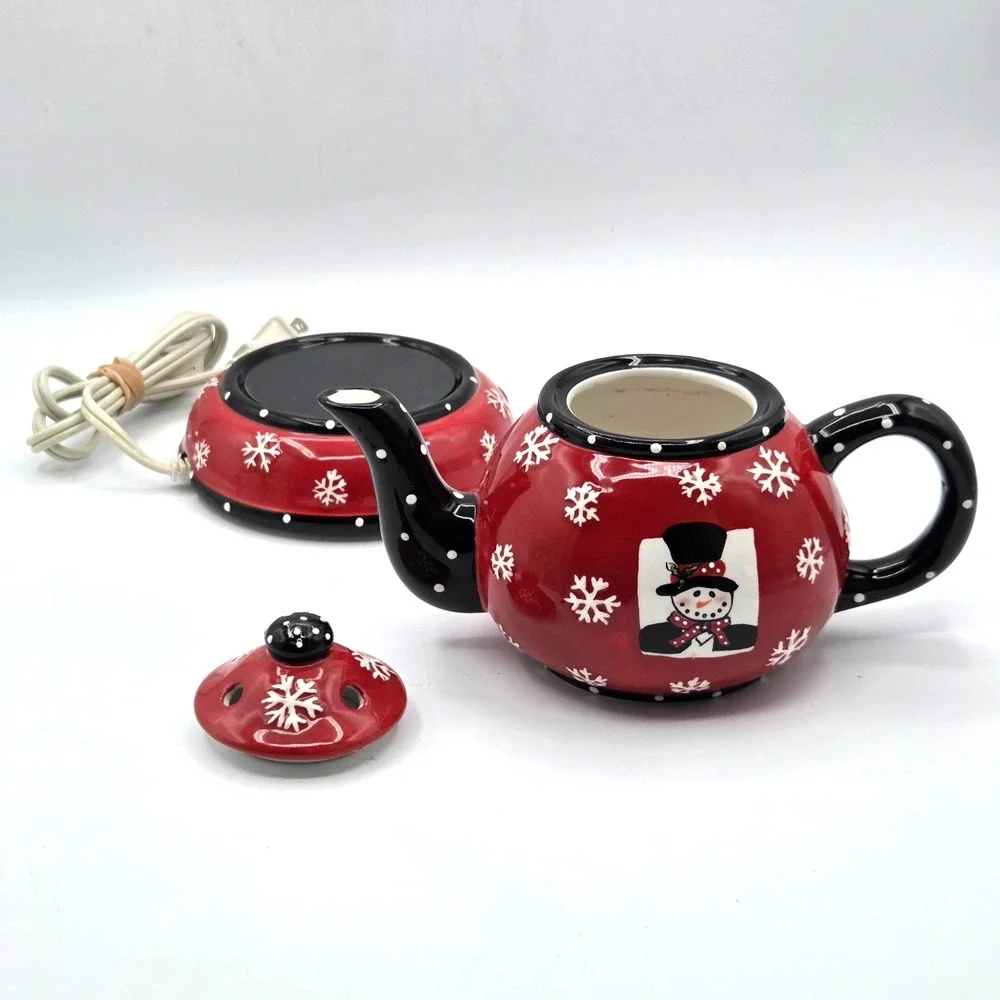 VINTAGE 2004 Red & Black Ceramic Snowman Teapot with Warmer